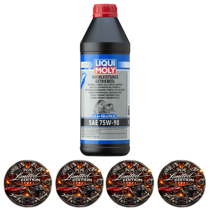 Ulei transmisie LIQUI MOLY High Performance Gear Oil GL4+ 75W-90 1L, cutie manuala si diferential, VW 501 50, Ford M2C175-A, ZF TE-ML 08, 4x Stickere auto