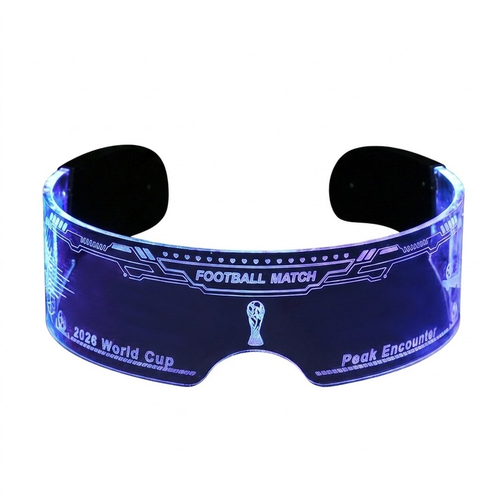 Ochelari cu LED-uri tematici Cupa Mondiala, design cyberpunk, 12 moduri de iluminare, multicolor, 14.5x4.2x17cm