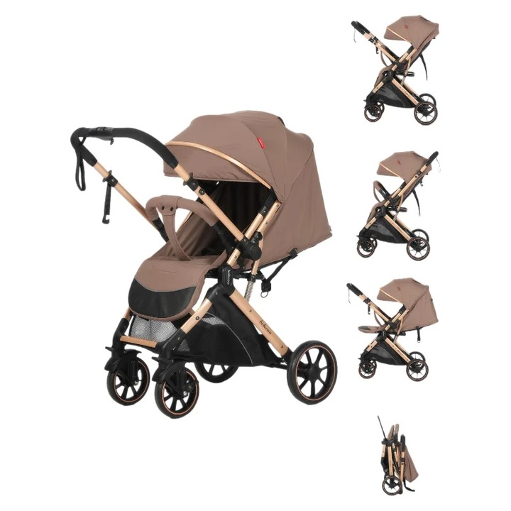 Carucior Sport Pentru Copii, Maner reversibil, Suport biberon, Plasa de tantari, Copertina extensibila, Cu suspensii, Recomandat transport par avion, maro
