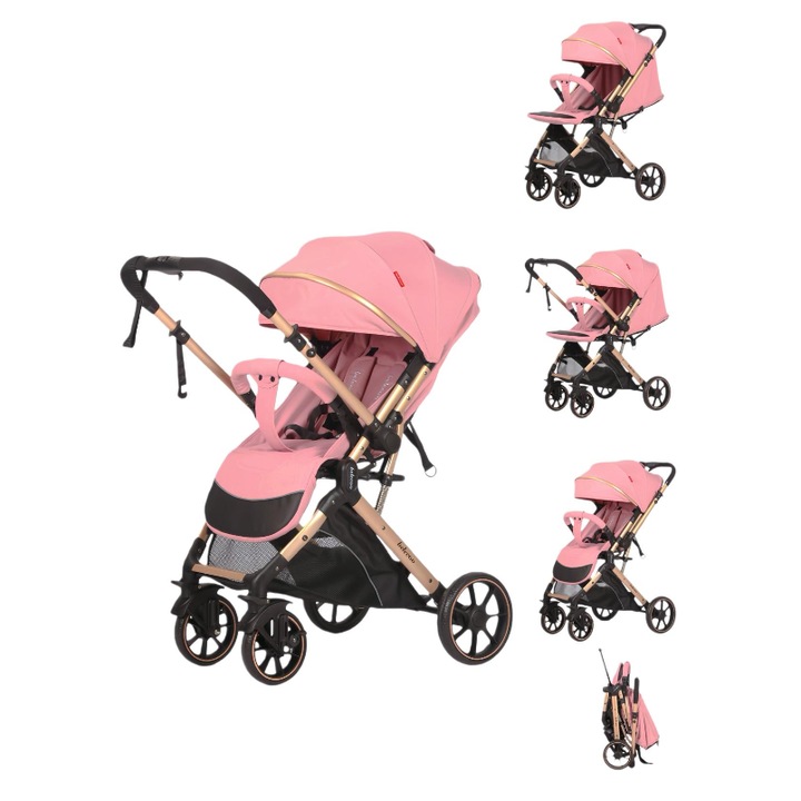 Carucior Sport Pentru Copii, Maner reversibil, Suport biberon, Plasa de tantari, Copertina extensibila, Cu suspensii, Recomandat transport par avion, roz deschis