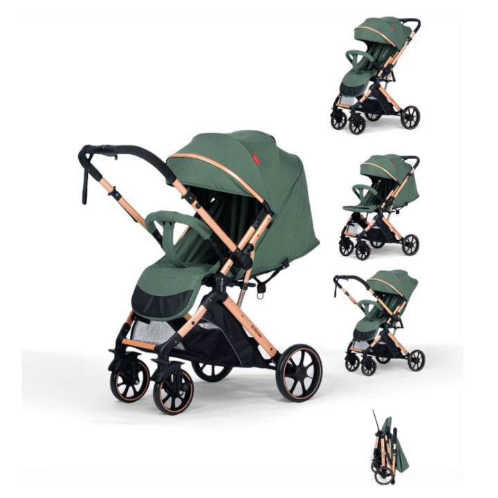 Carucior Sport Pentru Copii, Maner reversibil, Suport biberon, Plasa de tantari, Copertina extensibila, Cu suspensii, Recomandat transport par avion, verde