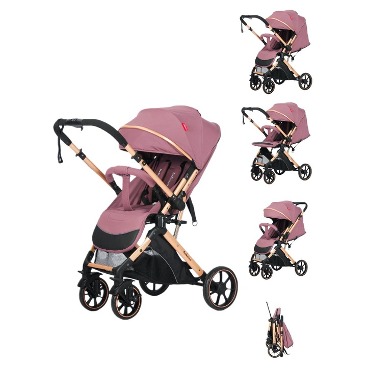 Carucior Sport Pentru Copii, Maner reversibil, Suport biberon, Plasa de tantari, Copertina extensibila, Cu suspensii, Recomandat transport par avion, mov