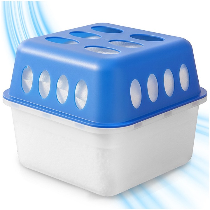 Absorbant Umiditate Dezumidificator Camera Cu Rezerve, Home Styling Collection, Clasic, 750 ml, 13.5x13.5x11.5 cm, Plastic, Albastru Transparent, 2 x 400 G Clorura Calciu, Elimina Mucegai Mirosuri Condens, Ideal Baie Rulota, Curatenie Aer Premium