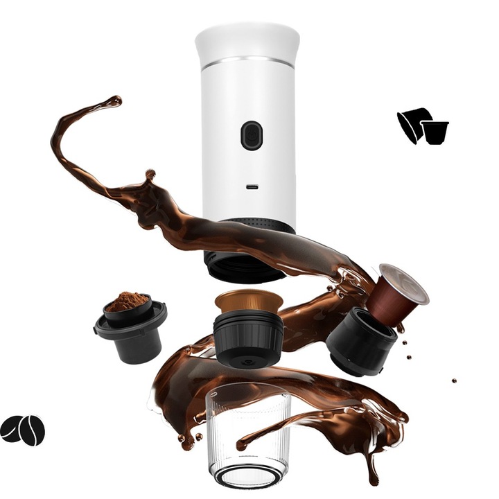 Espressor Cafea Portabil si Manual 3 in 1, Premium – INVICTWIN® – Espresso Intens Oriunde: Capsule si Cafea Macinata, 20 Bari, Incalzire Apa Integrata, Baterie 7500 mAh, Incarcare USB Type-C + Auto, Ideal pentru Birou, Masina si Calatorii, Alb