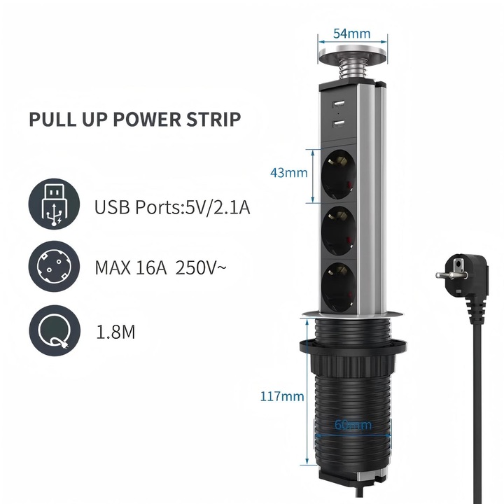 Priza Turn Incorporabila Blat Bucatarie, Wulnar, Masa Sau Birou, 4 Prize Schuko si 2 Prize USB cu Incarcator Incorporat, Incastrabila, Lungime Cablu 1.8m, Finisaj Argintiu