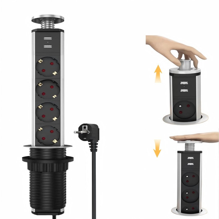 Priza Turn Incorporabila Blat Bucatarie, Wulnar, Masa Sau Birou, 4 Prize Schuko si 2 Prize USB cu Incarcator Incorporat, Incastrabila, Lungime Cablu 1.8m, Finisaj Argintiu