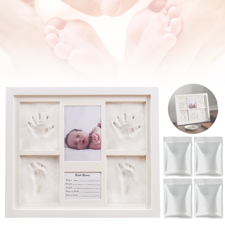 Wacorresi® baba kéz- és láblenyomat készítő készlet és képkeret, nem mérgező, biztonságos és környezetbarát agyaggal, toxinmentes, szagtalan, születés/1 hónapos/100 napos baba emlékére, otthoni belső dekoráció, fehér