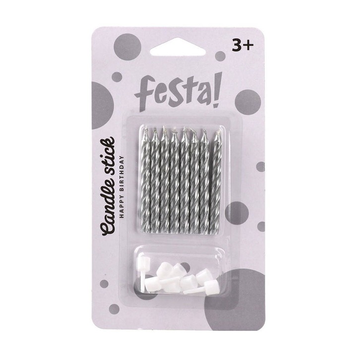 Lumânări pentru tort Festa, clasice, argintii, 8 bucăți