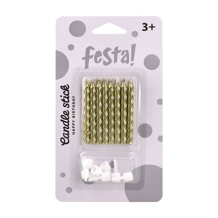 Lumânări pentru tort Festa, clasice, aurii, 8 bucăți