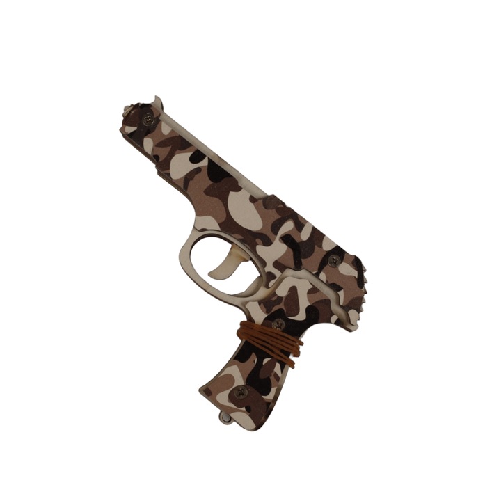 Pistol din Lemn cu Elastice pentru Copii, Design Desert Camo, Mecanism de Tragere Manual, 20x12 cm, Set Elastice Incluse