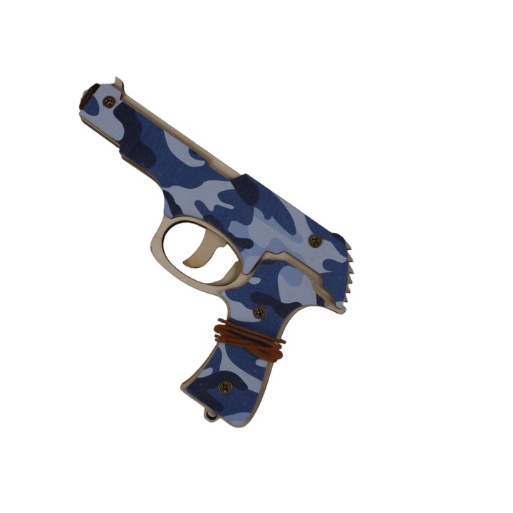 Pistol din Lemn cu Elastice pentru Copii, Design Naval Camo Albastru, Mecanism de Tragere Manual, 20x12 cm, Set Elastice Incluse