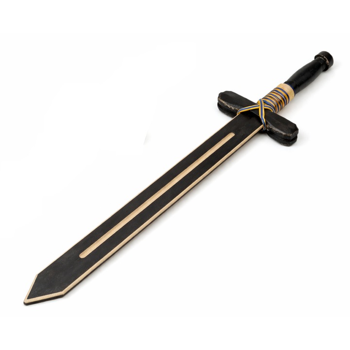 Spada Medievala din Lemn pentru Copii, Model Cavaleresc cu Detalii Tricolore, Rezistenta, 67 cm, Negru