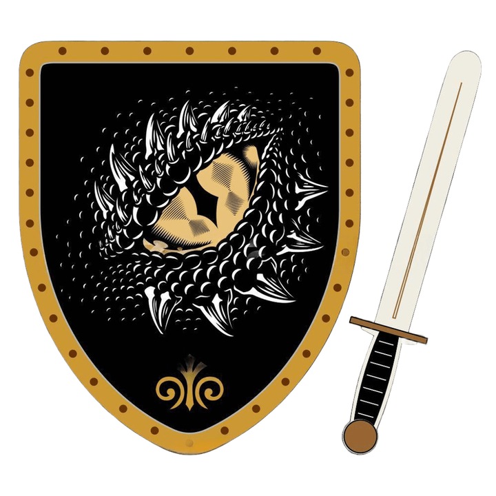 Set Cavaler din Lemn pentru Copii, Scut 33x27 cm si Sabie 40 cm, Model „Dragon Eye” cu Detalii Aurii, Negru/Galben