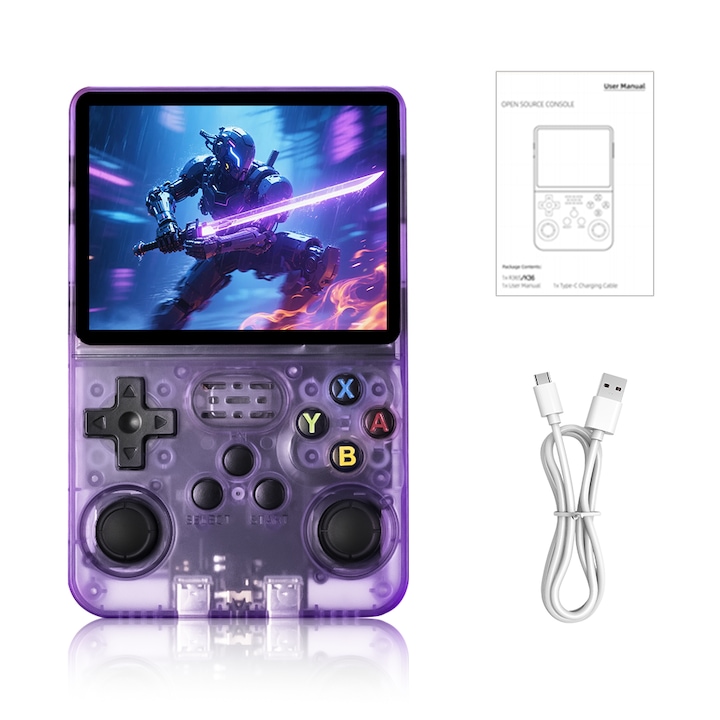 Consola portabila retro Busdebon R36S, 128GB cu jocuri, ecran IPS de 3,5 inch, procesor quad-core, violet transparent