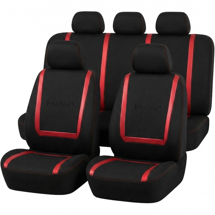 Set huse scaune auto Echo Soul, 9 piese, acoperire 360, negru cu roșu