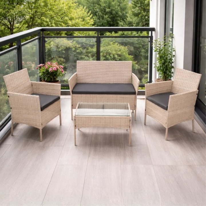 Set mobilier gradina Varioshop, din technoratan bej, canapea 2 locuri, 2 fotolii, masa cu blat din sticla si perne, pentru terasa si balcon