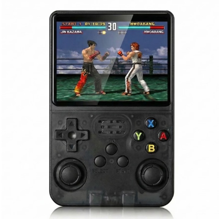 Consola Retro R36S, Ecran IPS 3.5”, 64GB, Negru, Baterie 3000mAh – Retraieste Jocurile Copilariei-Consola de jocuri, neagra transparenta