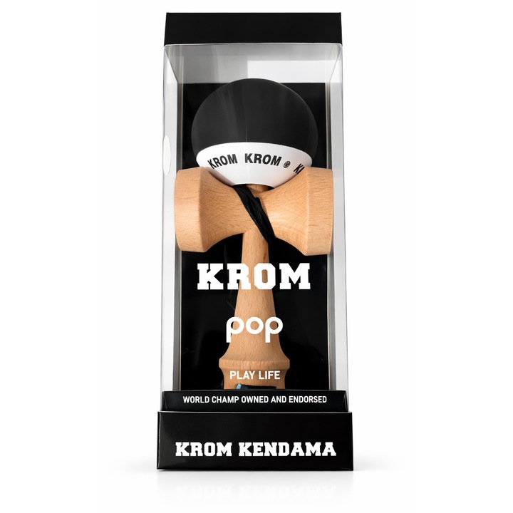 Kendama KROM Pop, lemn natural, negru/alb, pentru incepatori si avansati