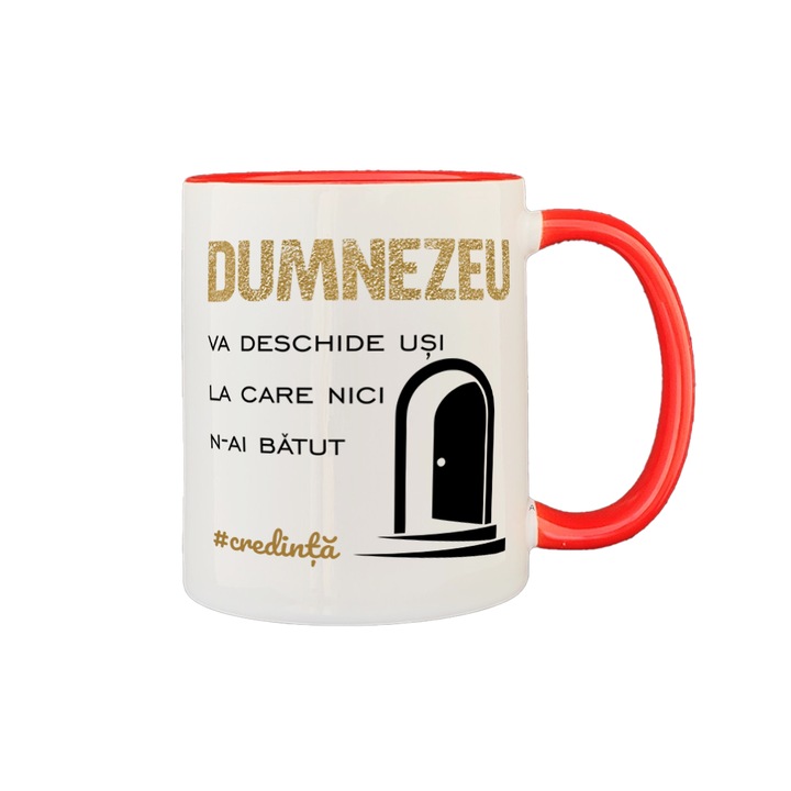 Cana personalizata, mesaj crestin „Dumnezeu deschide usi”, alba cu interior si maner rosu, 350ml, Cadou Crestin, Colectia Verset, Ambalata Cadou