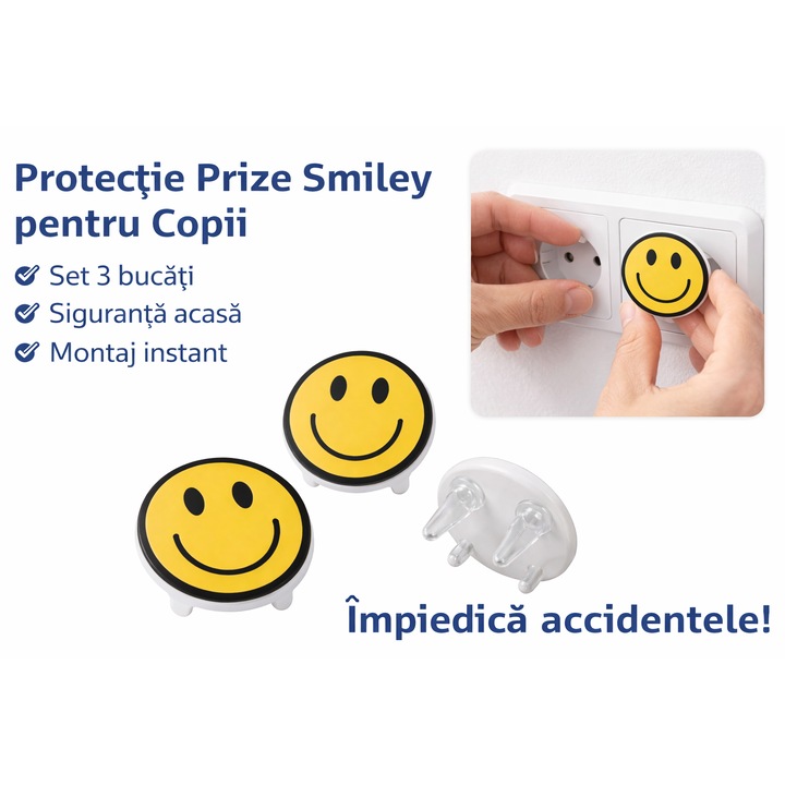 Комплект от 3 предпазни капачки за контакти Smiley, защита за контакти, бърз монтаж, жълти