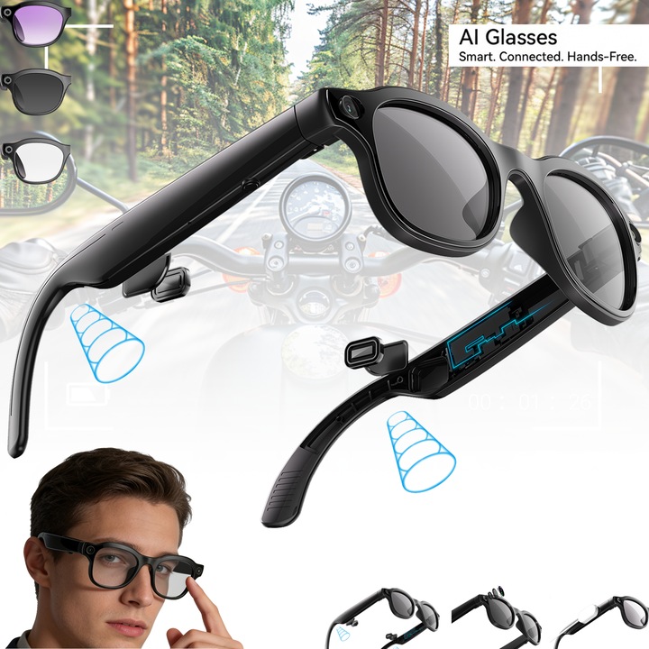 Ochelari Inteligenti Excitat® AI, Traducere in Timp Real (144 Limbi), Camera 8MP HD, Stabilizare EIS, Audio Hi-Fi, Lentile Polarizate, Rezistenti la Apa IP65, Negru