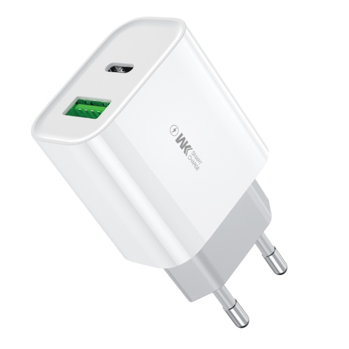 WEKOME® USB hálózati töltő adapter, 20W gyorstöltés, 1xUSB-A kimenet, 1xUSB-C kimenet, túlterhelés elleni védelem, fehér