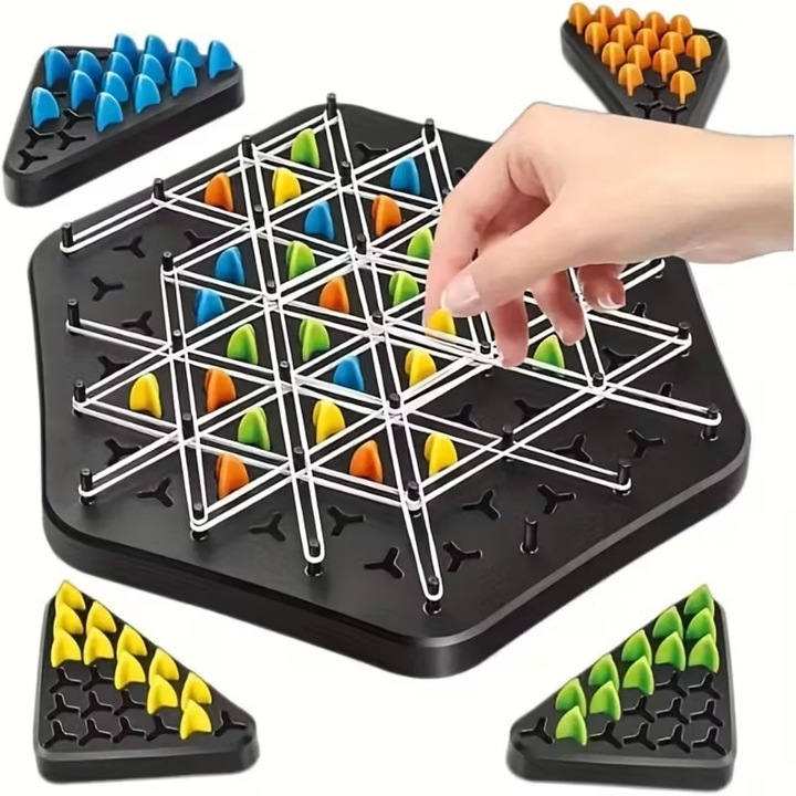 Interaktív családi stratégiai játék ChainChess, háromszögépítő játék elasztikus zsinórokkal, 30 x 30 cm
