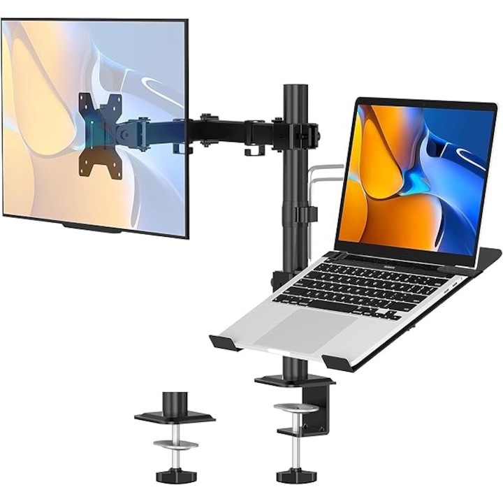 Suport Laptop si Monitor, Wulnar, 14-28inch Pana la 8kg, Laptop Pana la 4 kg, Solid, Slim si Usor Reglabil, Organizator Cabluri, Stil Minimalist pentru Birou Office, Gaming, Prindere cu Clema/Surub in Blat, 100x100/75x75 - Negru