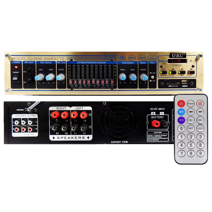 Amplificator 4 canale Uher, Bluetooth, tuner FM, 2 intrari microfon, 43x25x10,5cm, negru