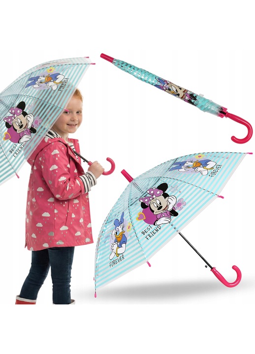 Umbrela automata Disney, Minnie si Daisy, transparenta, pliabila, dungi pastel, maner roz ergonomic