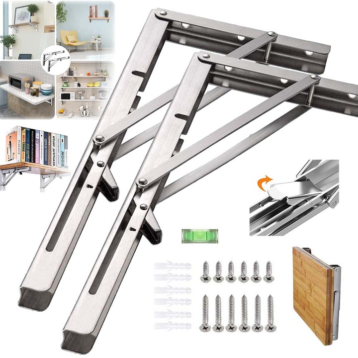 Set 2 Suport Raft Pliant. 30cm, Rezistenta 120 kg, voinic. Rafturi de perete.Otel inoxidabil 304, Pentru Birou, Atelier, Bucatarie, se potriveste la 90° pe suprafata peretelui.Usor de curatat, instalat simplu, Include accesorii, economiseste spatiu