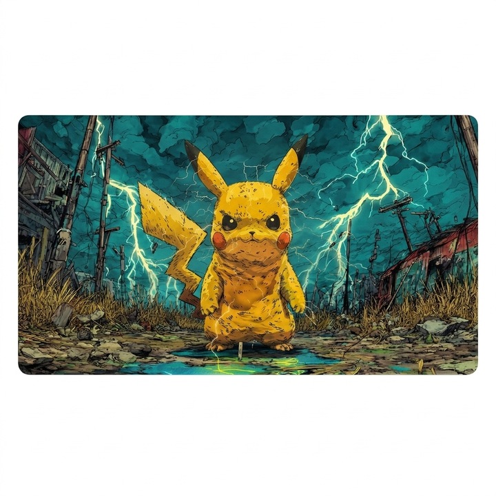 Mousepad XXL gaming, Artinplace, Desk-pad 900x400x2mm, Design Pikachu Fulgere, Piele PU, Waterproof, Anti-derapant, Rezistent la uzura, Fara margini cusute, Usor, Multicolor