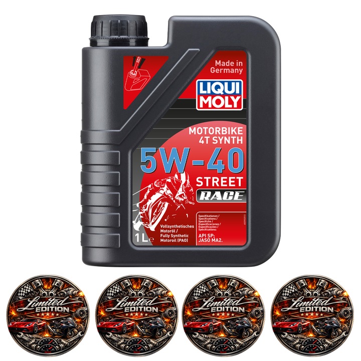 Ulei motor motocicleta 4T Liqui Moly Motorbike 4T Synth 5W-40 Street Race 1L, 100% sintetic, API SP, JASO MA2, pentru moto si ATV, 4x Stickere auto