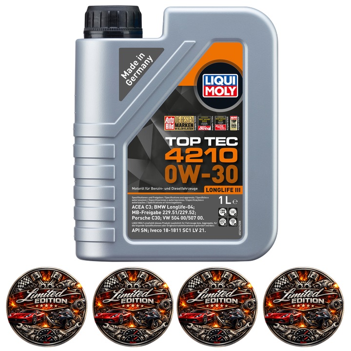Ulei Motor Full Sintetic LIQUI MOLY Top Tec 4210 0W-30 1L LongLife III, VW 504 00/507 00, BMW LL-04, MB 229.52, Porsche C30, pentru Motoare Benzina si Diesel cu DPF, 4x Stickere auto