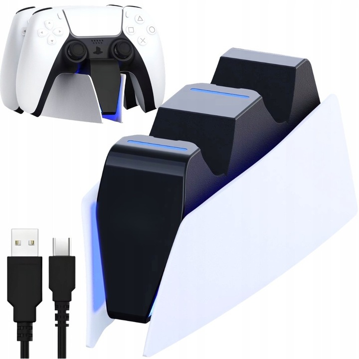 Statie incarcare controllere PS5, Zola, pentru 2 controllere DualSense, indicator LED, protectie incarcare, 5V 2A, cablu USB-C, 16 x 5.5 x 6.4 cm, gri/negru