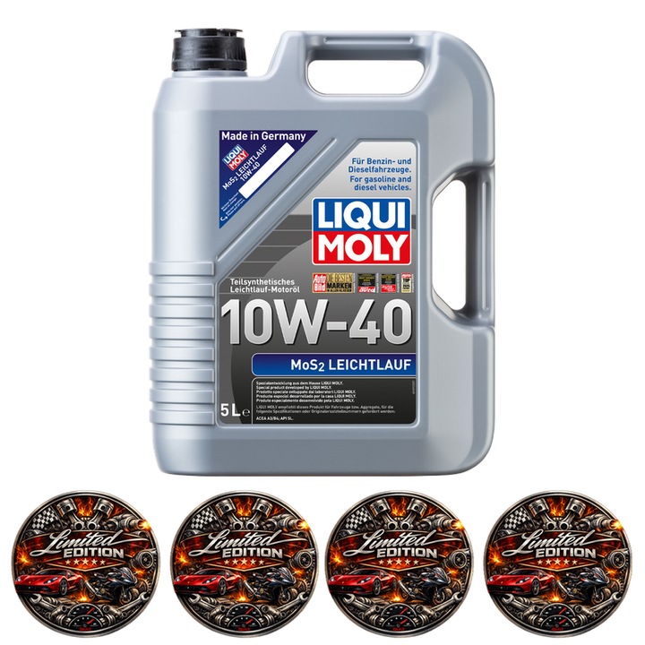 Ulei Motor Liqui Moly MoS2 Leichtlauf 10W-40 5L, Semisintetic, Protectie Anti-Uzura cu Disulfura de Molibden, pentru Motoare Benzina si Diesel, 4x Stickere auto