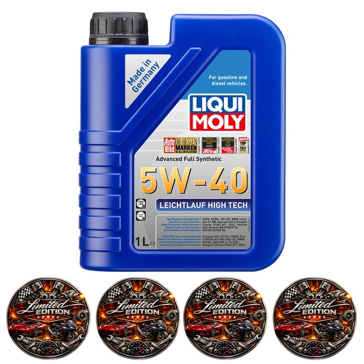 Ulei Motor 5W-40 Liqui Moly Leichtlauf High Tech, Full Sintetic, ACEA A3 B4, API SP, BMW Longlife-01, MB 229.5, VW 502 00 505 00, pentru Benzina si Diesel, 1L, 4x Stickere auto
