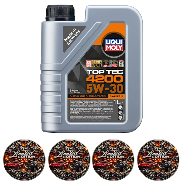 Ulei Motor Liqui Moly Top Tec 4200 5W-30 New Generation, Full Sintetic, LongLife III, pentru Motoare Benzina si Diesel cu DPF, 1L, 4x Stickere auto