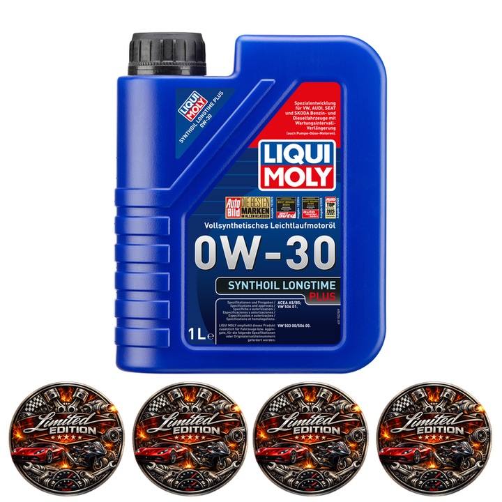 Ulei motor Liqui Moly Synthoil Longtime Plus 0W-30, 1L, Full Sintetic, VW 506.01, pentru motoare benzina si diesel VW, Audi, Skoda, Seat, 4x Stickere auto