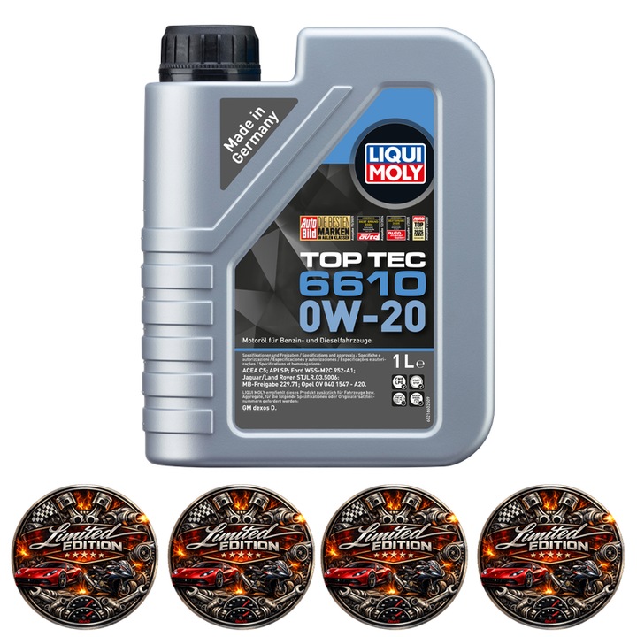Ulei Motor Liqui Moly Top Tec 6610 0W-20, Full Sintetic, Economie Maxima de Combustibil, Tehnologie Avansata pentru Motoare Moderne, 1 L, 4x Stickere auto