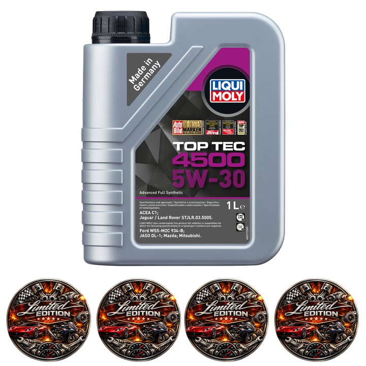 Ulei Motor Liqui Moly Top Tec 4500 5W-30, Full Sintetic, ACEA C1, pentru motoare benzina si diesel, 4x Stickere auto