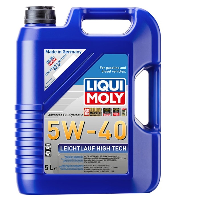 Ulei Motor Sintetic LIQUI MOLY Leichtlauf High Tech 5W-40 5L, ACEA A3/B4, API SP, BMW LL-01, MB 229.5, VW 502 00/505 00, Porsche A40, Renault RN0700/RN0710