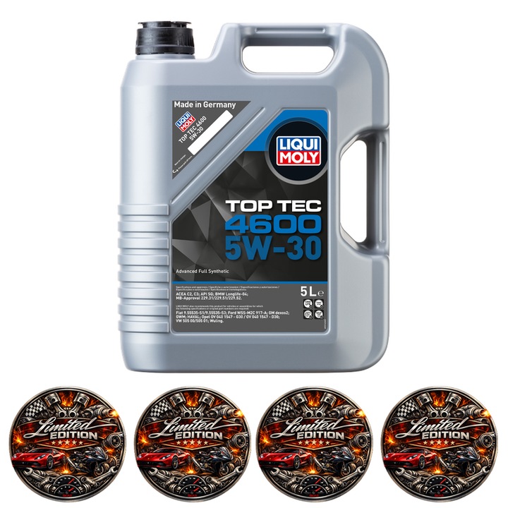 Ulei motor Liqui Moly Top Tec 4600 5W-30, 5L, Full Sintetic, BMW LL-04, MB 229.52, VW 505.01, pentru motoare benzina si diesel cu DPF, 4x Stickere auto