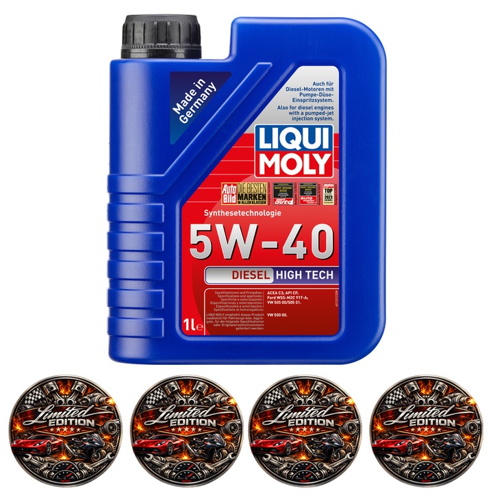 Ulei Motor LIQUI MOLY Diesel High Tech 5W-40, 1L, Tehnologie Sintetica, ACEA C3, pentru motoare diesel turbo si pompa-duza PD, 4x Stickere auto