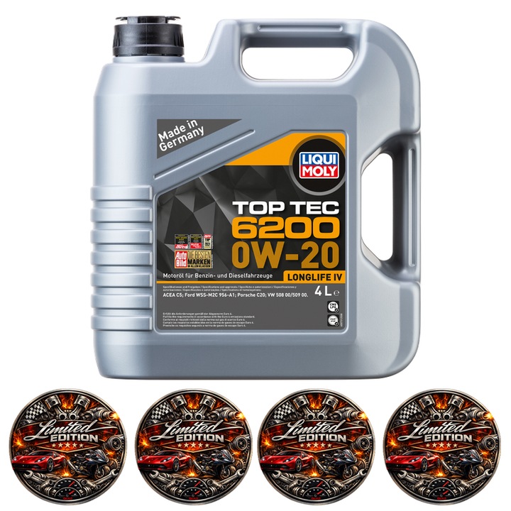 Ulei Motor Liqui Moly Top Tec 6200 0W-20 Longlife IV, Full Sintetic, VW 508 00 / 509 00, Porsche C20, 4L, 4x Stickere auto
