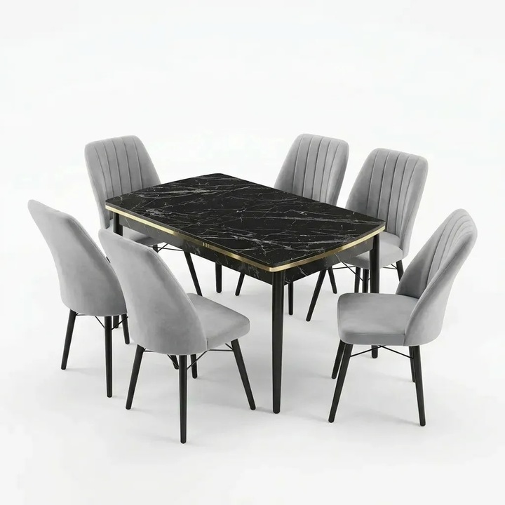 Verona étkezőgarnitúra, kihúzható asztal (fekete márvány) 80x135 (80x178) és 6 db világosszürke szék, arany részletek, Horeca, konyha, nappali