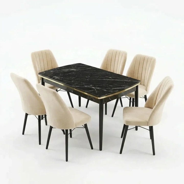 Verona étkezőgarnitúra, kihúzható asztal (fekete márvány) 80x135 (80x178) és 6 db krémszínű szék, arany részletekkel, Horeca, konyha, nappali
