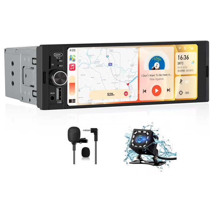 Radio auto Hexinex 1 Din Carplay Android Auto, ecran IPS 6.36 inch, Bluetooth, suport camera spate