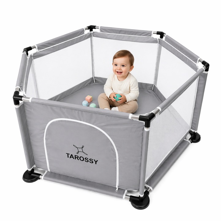 Tarc de joaca pentru copii, spatiu de activitati cu plasa de protectie si usa cu fermoar, 128 x 62 cm, Gri, Tarossy®