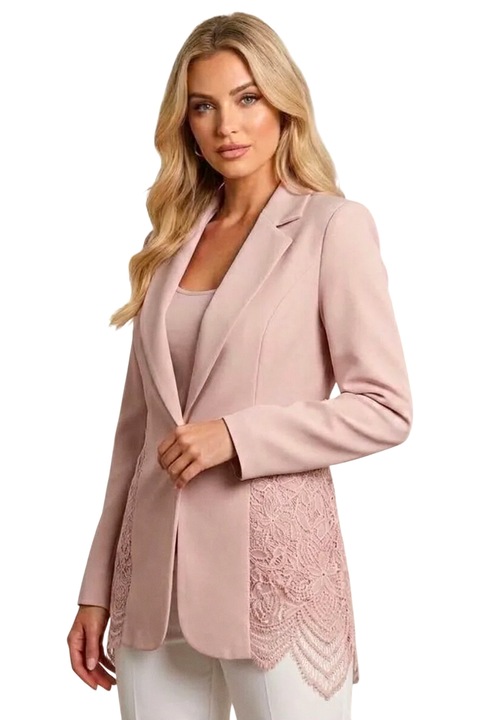 Roselle testhezálló alkalmi blézer, aszimmetrikus csipkebetéttel, púderrózsaszín, FashionForYou, univerzális S/M méret